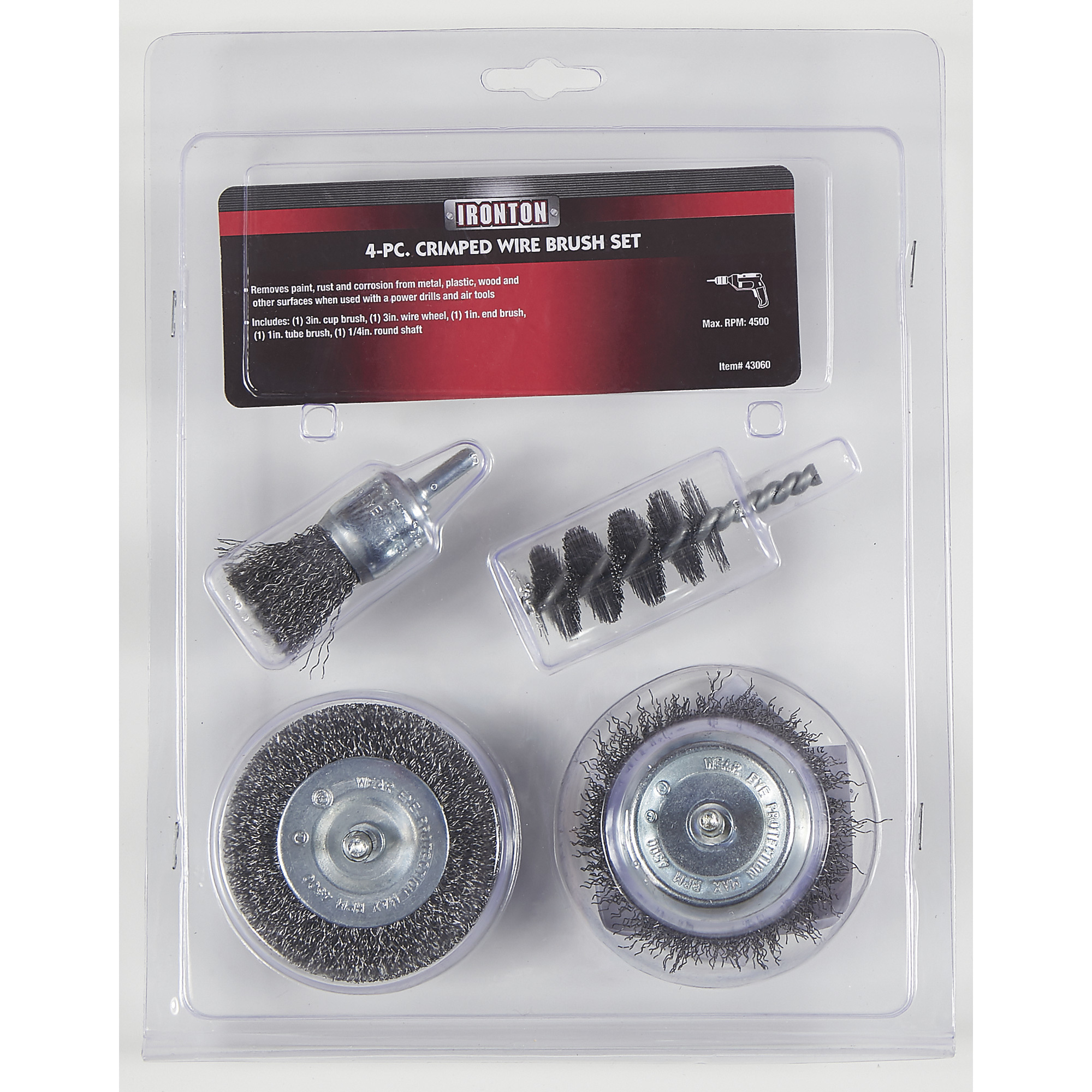 Ironton Crimped Wire Brush Set, 4-Pc., 1/4in. Shaft, Drill-Mounted Brushes